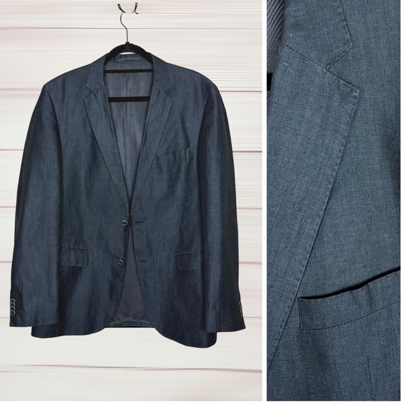 BOSS Linen Cotton Lightweight Blazer Summer Sport Coat Charcoal Striped size 42R
